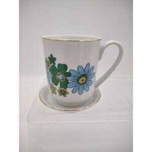 VINTAGE MCM RETRO White Blue Green Daisy Floral Coffee Tea Mug Cup Saucer JAPAN
